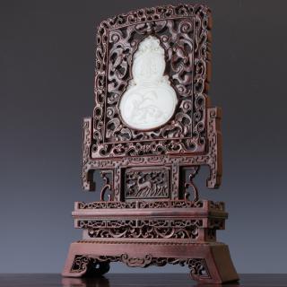 旧藏 紫檀嵌和田玉大吉葫芦插屏 尺寸:高49.5cm 长31.5cm宽7cm重2300g